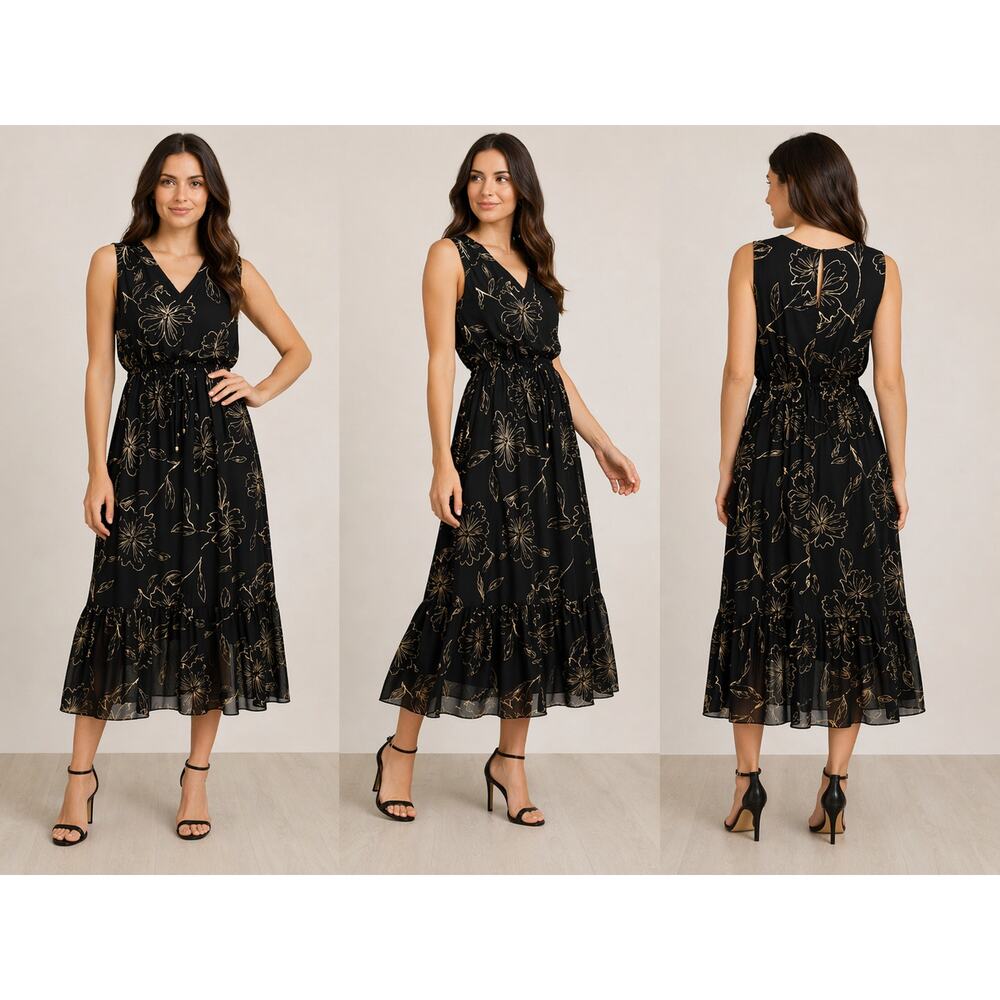 Alexa B Woman Black Floral Sleeveless Midi Dress Tie Waist Size 16W